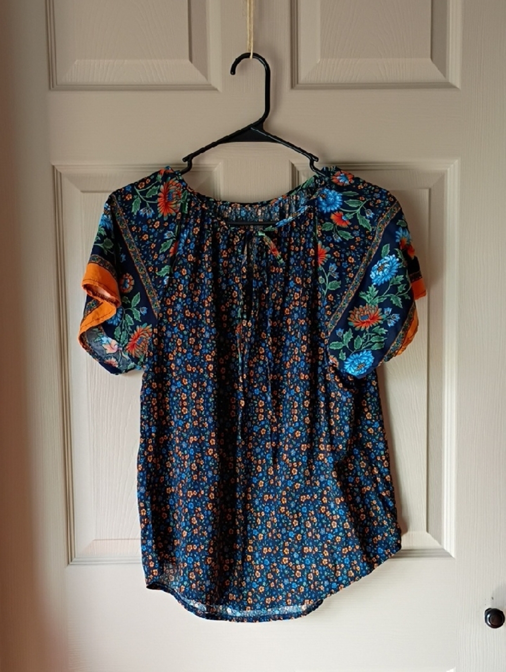 SHEIN Navy Floral Short Sleeve Peasant Blouse with Orange Trim
